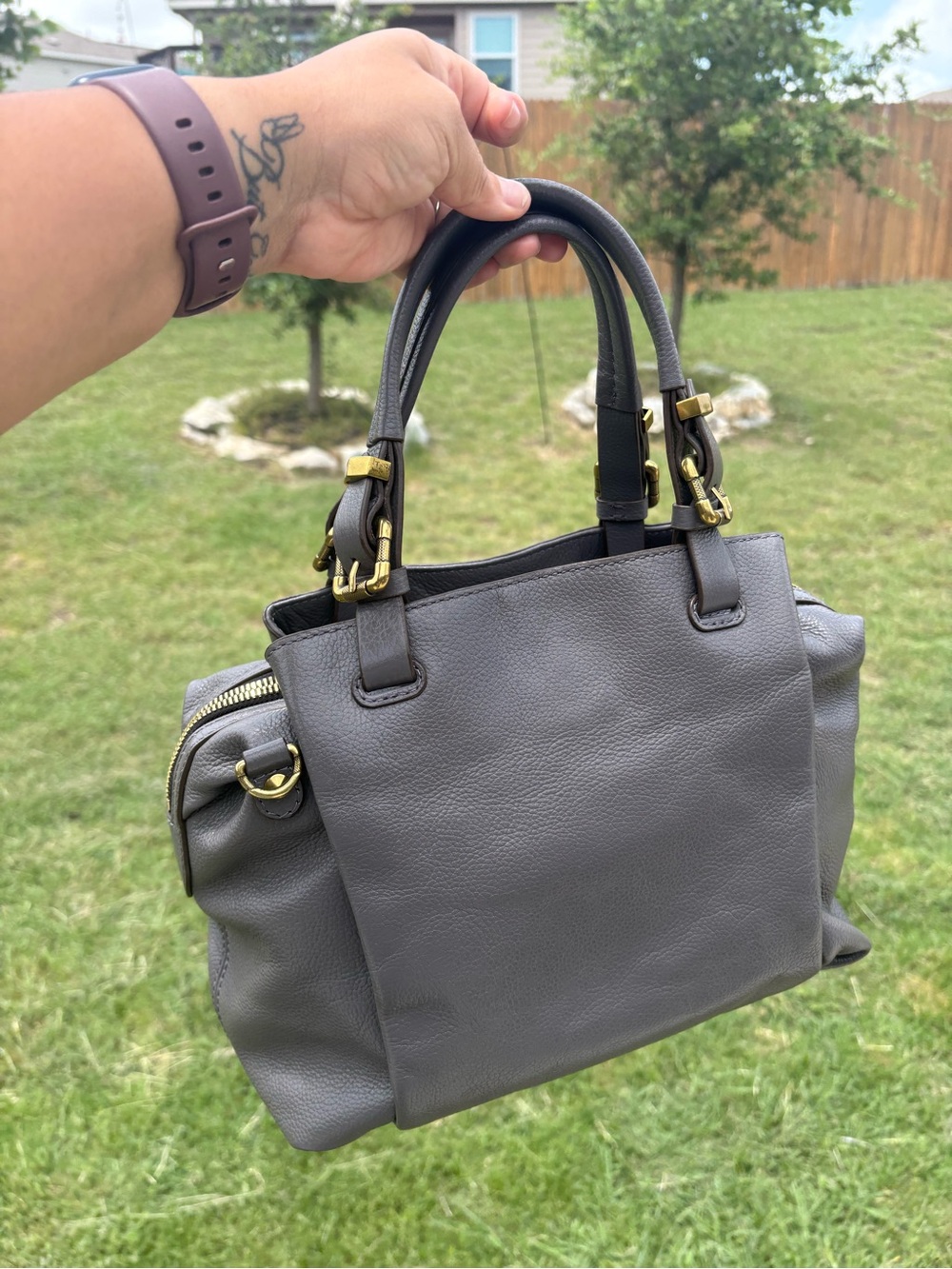 orYANY Lian Gray Leather Pebble Satchel with Gold Hardware